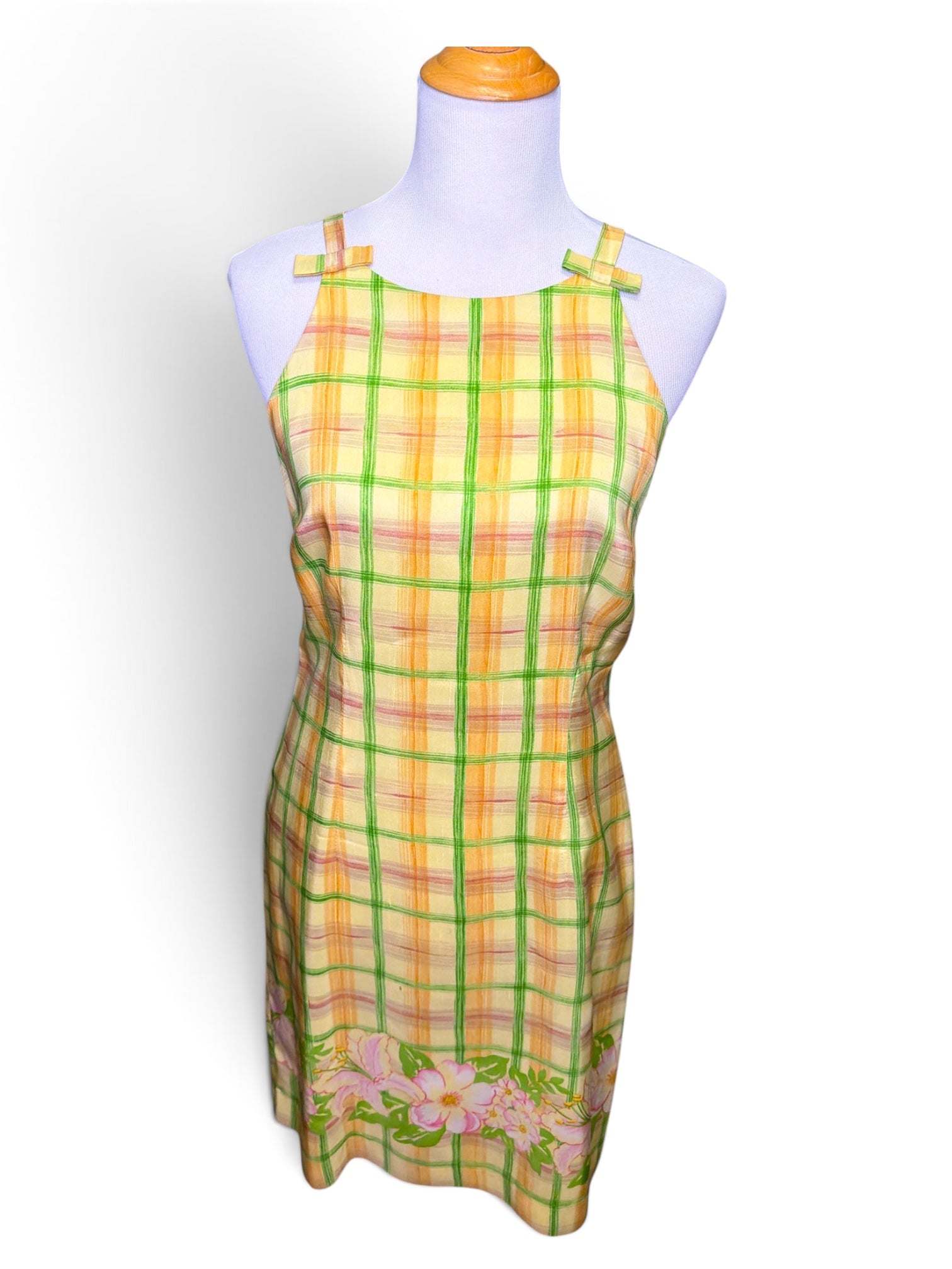 100% Silk Sleeveless Dress, CDC Vintage Yellow & Green Plaid