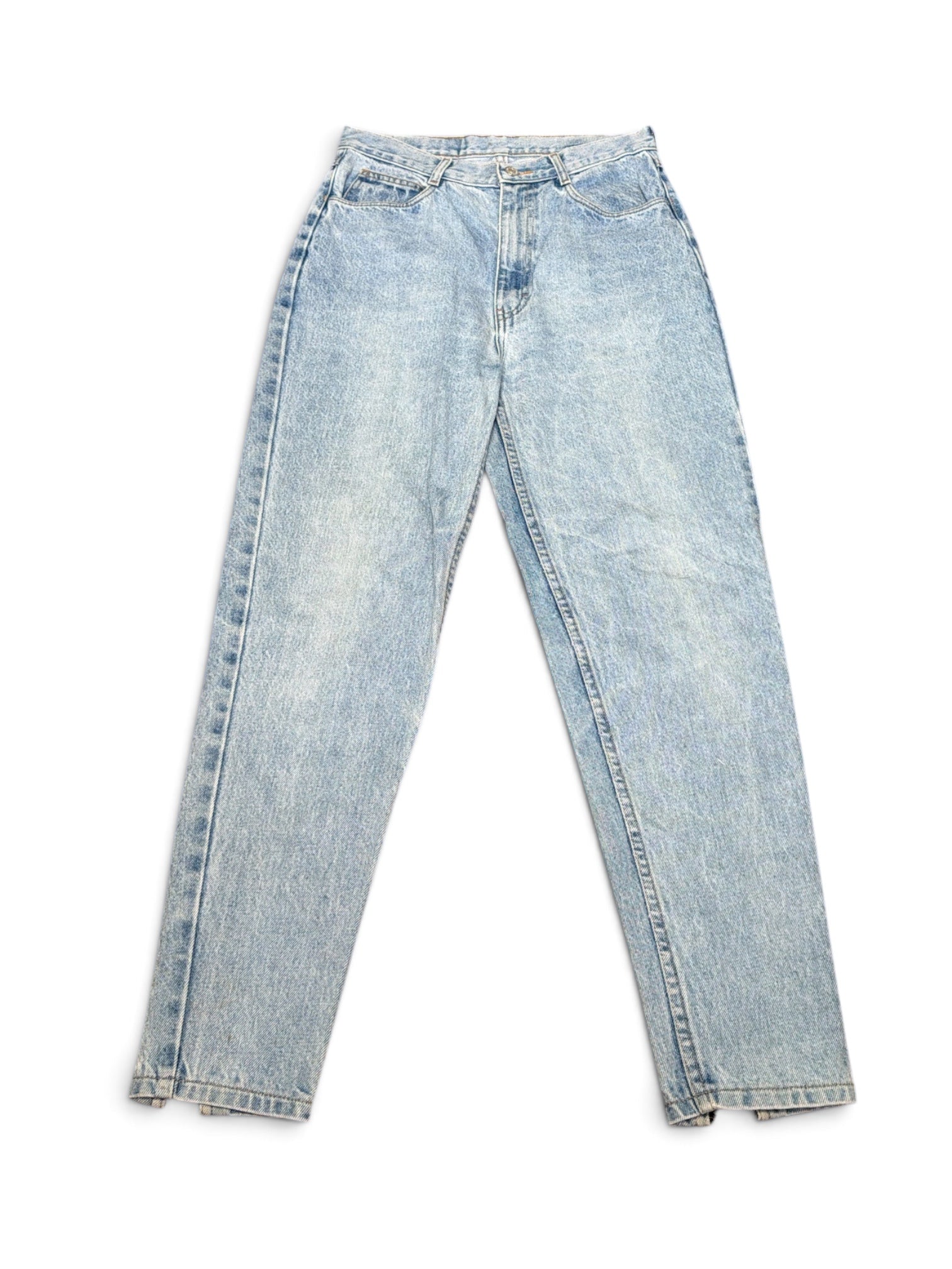 Light wash blue denim jeans with a high waist and straight-leg fit, laid flat on a white background.