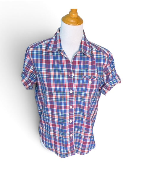 Vintage Plaid Short Sleeve Button-Up Top