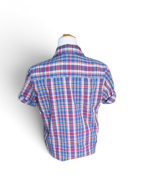 Vintage Plaid Short Sleeve Button-Up Top