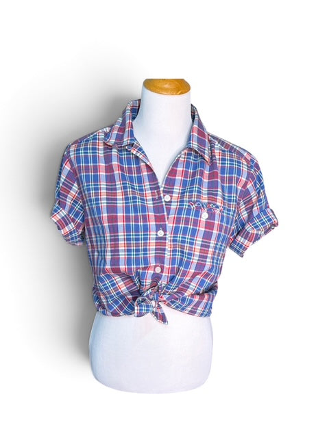 Vintage Plaid Short Sleeve Button-Up Top