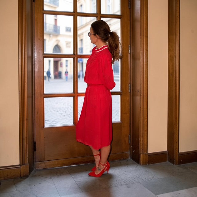 Vintage Red Long-Sleeve Midi Dress by PBJ II
