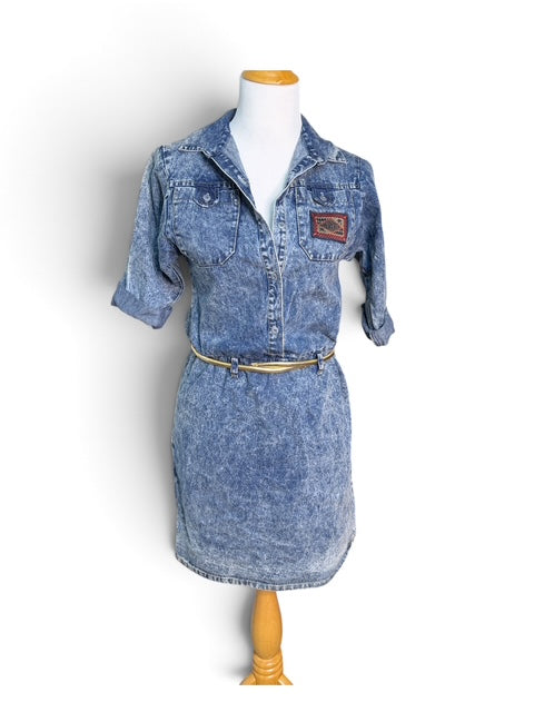Vintage Cherokee Denim Shirt Dress with Gold Belt - Size 14