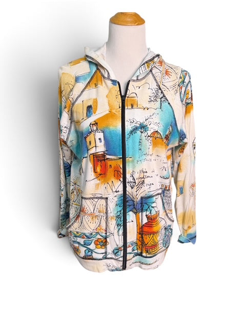 Chico's Watercolor Print Zip Up Hooded Sweatshirt