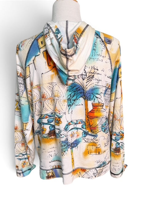 Chico's Watercolor Print Zip Up Hooded Sweatshirt
